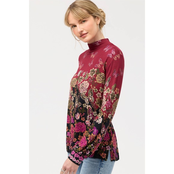 Johnny Was Tops - Johnny Was Janie Favorite Mock Neck Top Size PL Burgundy Butterfly Floral Comfy